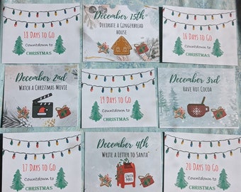 Op de afbeelding: Een verzameling van acht rechthoekige kaarten met kerstthema aftellingen en activiteiten. Elke kaart toont feestelijke illustraties zoals kerstverlichting, dennenbomen, peperkoekhuisjes, warme chocolademelk en brievenbussen met tekst.
