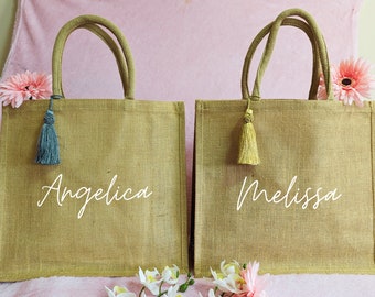 Personalized Burlap Tote Bags Custom Name Jute Bag Bridesmaid Gift Bag Bachelorette Party Monogram Beach Bag Wedding Favors Gift for Her