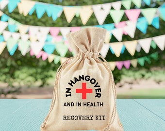May include: A beige canvas bag with a drawstring closure. The bag has a red cross and black text that reads "In Hangover and in Health Recovery Kit".