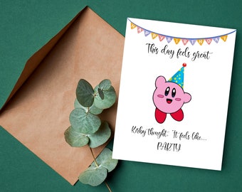 Kirby Birthday Card, Anime Card, Nintendo fan card, Video game lover birthday card, Kirby Happy birthday card, fan girl boy, Geek Gamer card