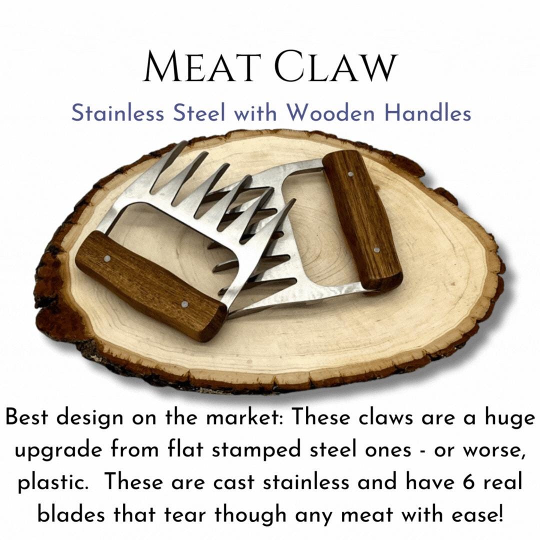 Stainless Steel Wood Handle Meat Shredder Claws (Pair) - Perfect Tool for Grill Masters and Foodies!