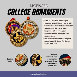 May include: Wooden ornaments shaped like the state of Texas with different college logos and text. The ornaments are 4 inches in diameter and can be customized with text or handwriting.  The text "WRECK EM" is visible on one of the ornaments.