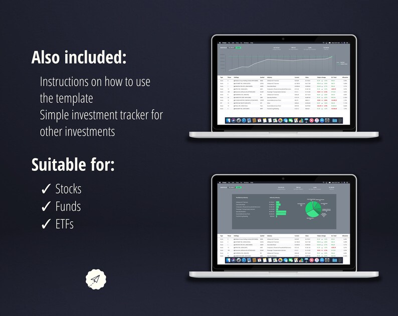 May include: Two laptop screens showing a spreadsheet and charts for tracking investments. The text on the screen reads "Investment Tracker". The text on the left side of the image reads "Also included: Instructions on how to use the template Simple investment tracker for other investments Suitable for: ✓ Stocks ✓ Funds ✓ ETFs".