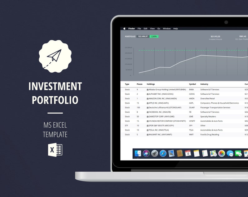 May include: A laptop computer screen displaying a spreadsheet with a green line graph and a list of stocks, their symbols, and their current prices. The title of the spreadsheet is "Investment Portfolio".
