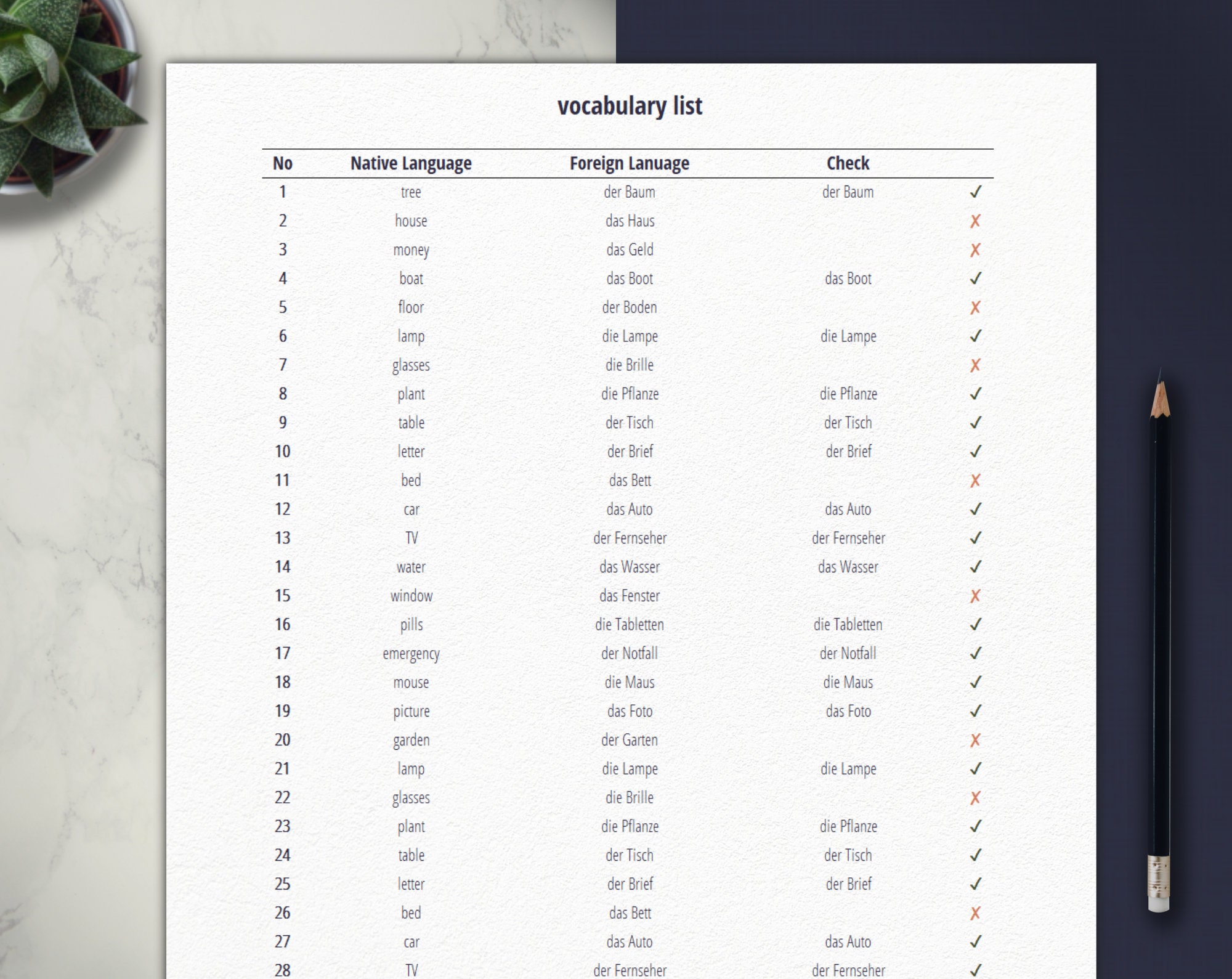 Vocabulary List Template Vocabulary List Template