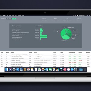 May include: A laptop screen displaying a portfolio of stocks with a pie chart showing the distribution of investments by industry. The portfolio is valued at $224,817.87 and has a 1.49% gain. The pie chart shows the largest portion of the portfolio is invested in Software & IT Services.