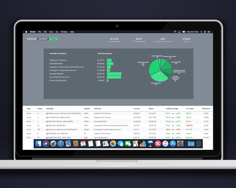 May include: A laptop screen displaying a portfolio of stocks with a pie chart showing the distribution of investments by industry. The portfolio is valued at $224,817.87 and has a 1.49% gain. The pie chart shows the largest portion of the portfolio is invested in Software & IT Services.