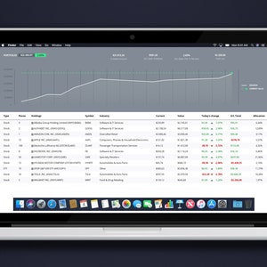 May include: A laptop screen displaying a portfolio of stocks with a line graph showing the current value of the portfolio. The table shows the stock symbol, industry, current value, value, today's change, % of total, and allocation. The portfolio is worth $22,488.87 and has a 2.69% return.