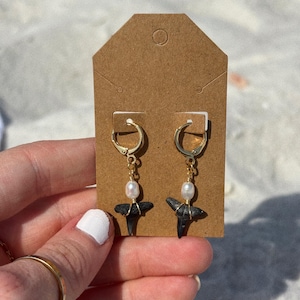 18k Gold Plated Shark Tooth Pearl Huggie Hoop Earrings | Coastal Ocean Jewelry