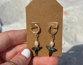 18k Gold Plated Shark Tooth Pearl Huggie Hoop Earrings | Coastal Ocean Jewelry