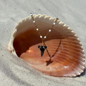 May include: A gold chain necklace with a shark tooth pendant. The shark tooth is dark gray and wrapped in silver wire. The necklace has white bead accents and is displayed on a seashell on a sandy surface.