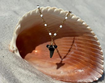 Florida Sharks-tooth Necklace, 18K Gold Plated Enamel Chain, Coastal Beach Jewelry