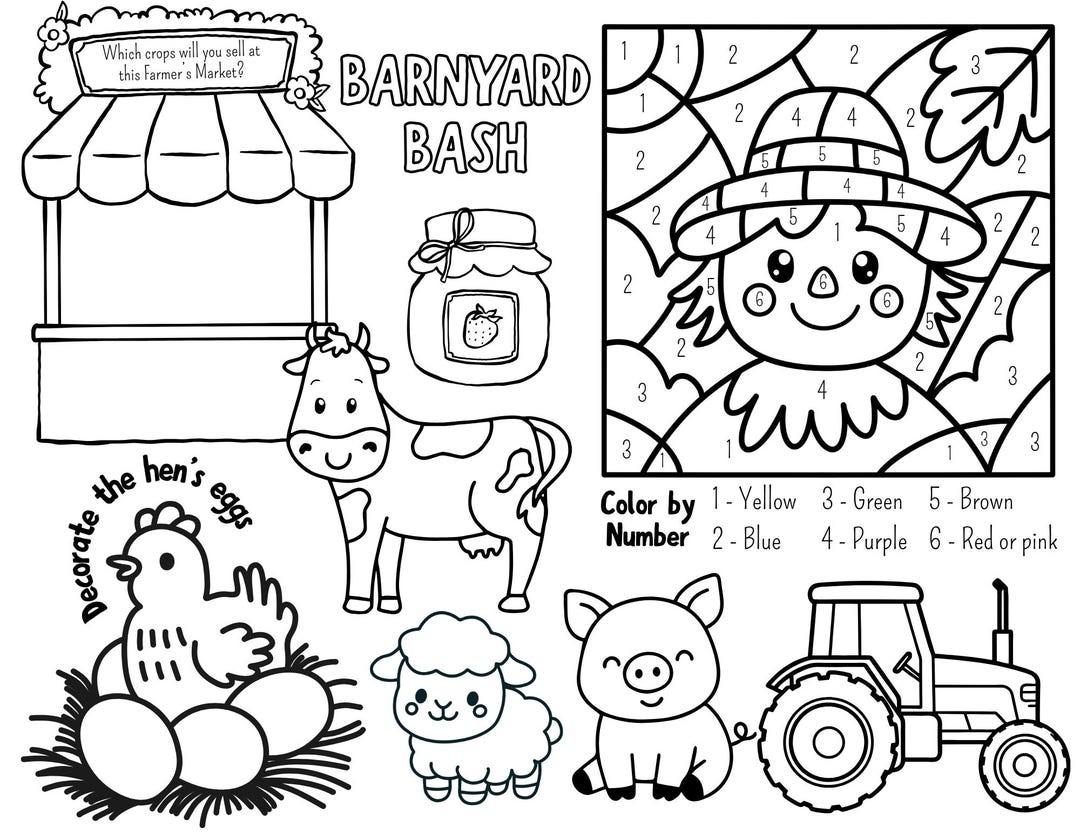 Barnyard Bash Activity Placemat Printable | Farm Party Coloring Sheet ...