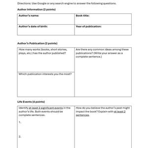 Puede incluir: Una hoja de trabajo blanca titulada "Investigación del autor" con secciones para completar información del autor, detalles de la publicación y eventos de la vida. La hoja de trabajo incluye instrucciones y preguntas para la investigación.