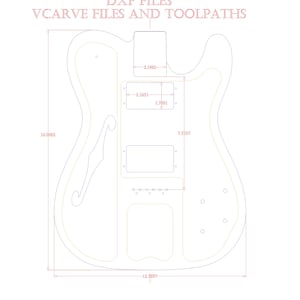Telecasterbody in Thinline-stijl, DXF-bestand, Vcarve-bestand, CNC, Guitar-body, Gedetailleerde instructies, gereedschapspad
