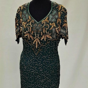 1980s Vintage Laurence Kazar Green silk dress intricate beaded dress looping design Glamorous sheath dress evening gown NWT