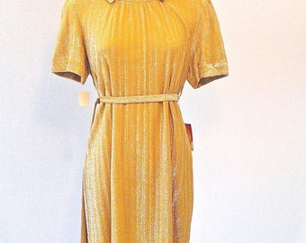 1960s metallic Gold lurex knit women's short sleeve shirt shift business casual dress NWT