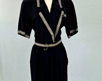 1980s Vintage Caron Jumpsuit: Black & Gold Nautical Romper, Size 10