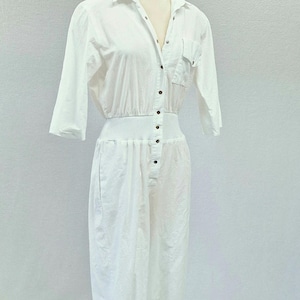 1980s Walden Classics vintage White Painter jumpsuit utility jumpsuit Romper Women&#39;s 10 Ribbed waist cute fun playful Superb condition