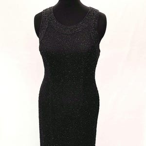 1980s Vintage Laurence Kazar dress gown  Stunning black all over beaded in a twist,  looping design, silk sheath gown intricately beaded