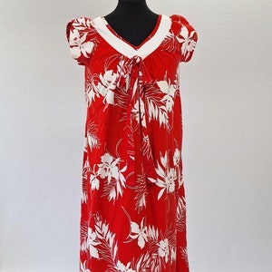 Vintage 70s Hawaiian Mumu Dress: Red Floral Polynesian Luau sailor