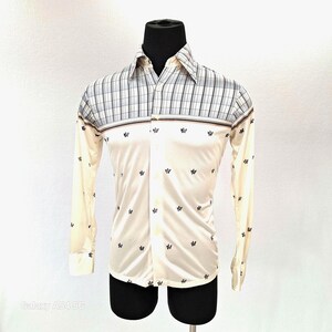 1970s Disco leisure Shirt Stripe & floral Nylon lounge shirt Novelty print Dagger collar shirt