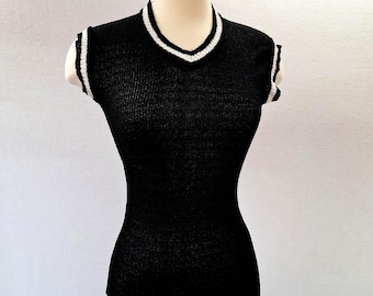Vintage 80s Preppy Knit Sweater Vest, Black Sleeveless Pullover