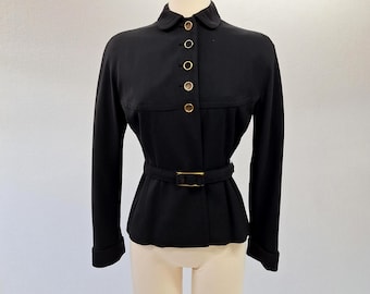 Giacca militare vintage anni '40 I. Magnin "Five-Three Fashions" / Blazer in gabardine nero su misura con cintura / Anni '40, Seconda Guerra Mondiale, 100% originale d'archivio