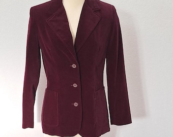 Vintage Velvet Blazer: 1970s Burgundy Tailored Jacket British look preppy womens vintage sz 10