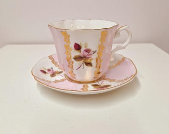 Vintage Royal Grafton Bone China-theekop en schotel: roze rozen, gouden accenten