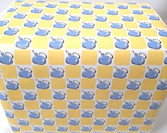 1970s contact shelf/Wallpaper, blue tea kettle on Yellow – Vintage full roll or by the yard