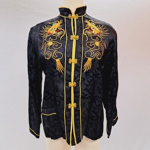 Vintage Embroidered Dragon Tang Jacket: Black Rayon Jacquard Chinese Coat