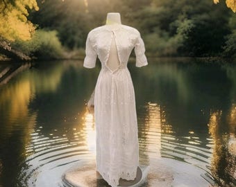 1900s Edwardian Cotton Lawn Dress: Crochet Anglaise Lace Afternoon Tea Wedding Lingerie