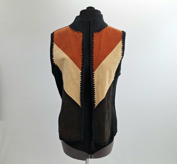 Vintage 90s Patchwork Suede Vest: Rib Knit Sleeveless Cardigan on trend festival wear boho