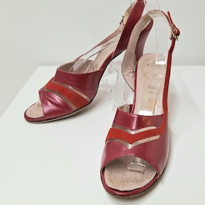 1980&#39;s Amano Nordstroms handmade Italian dress slingback kitten heel sandals Metallic magenta patent leather & red suede Sz 8.5 cute vintage