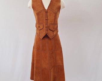 Chic Hippie Boho Suede Patchwork Leather Crochet Skirt Vest Set Vintage 1970s
