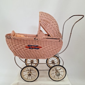 Antique c1925 South Bend Toy Co Small vintage Wicker stroller Baby Doll Carriage Pram Buggy pretend play Stroller Push Toy Doll NOT included