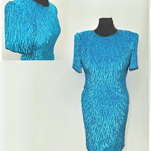 1980s Electric blue sequin silk dress Patra Sténay cocktail dress formal sheath gown pageant dress 1980s prom dress 1980s evening dress LKNU
