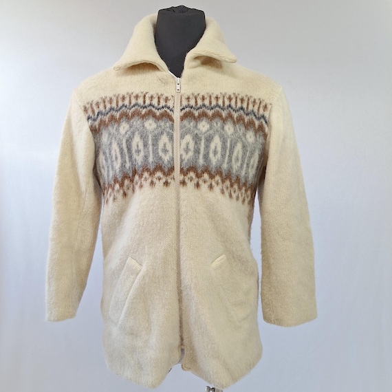 Vintage 70s Caldwell Pure Wool Sweater Jacket Cream Nordic Fair Isle Mens L, Retro Knit Shacket Zip Up Cabincore Ski Cardigan PNW Heritage