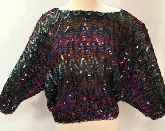 1980s Sheer Silk Blouson Top iridescent Sequins, Batwing Sleeves, Fairy whimsiGoth