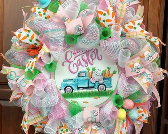 27" (Inch) in Diameter (Larger Size) "Easter Bunny Truck" Wreath