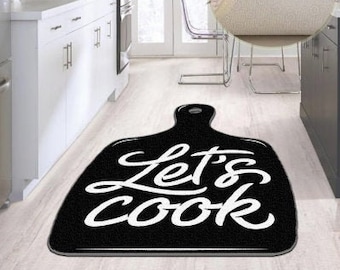 Vibrant Lets Cook Printed Black Kitchen Rug • Machine Washable Non-Slip Kitchen Rug • Lets Cook Modern Calligraphy • Home Gift