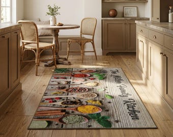 Personalized Spice Spoons Washable Kitchen Rug with non-Slip Backing Option