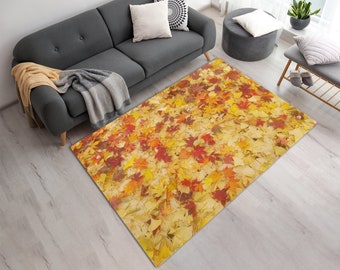 Vibrant Colorful Autumn Leaves Printed Machine Washable Rug • Yellow, Orange, Brown Leaves on Ground in Autumn Season • Cozy Autumn Decor