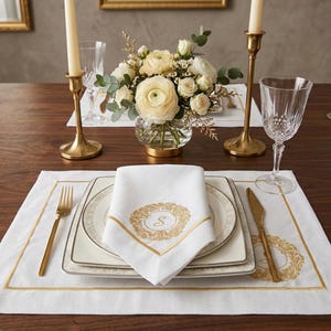 Personalisierte gestickte Polyester-Tischsets, Servietten und Tischläufer mit Royal Berry Monogram Design