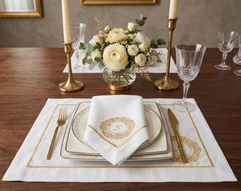 Personalized Embroidered Polyester Placemats, Napkins and Table Runner Set with Royal Berry Monogram Design