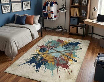 Ice Hockey Splatter Art Area Rug for Kids Room and Sports Game Decor