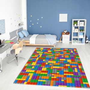 Colorful Building Bricks Designed Washable Rug • Vibrant Printed Non-Slip Area Rug