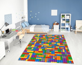 Colorful Building Bricks Designed Washable Rug • Vibrant Printed Non-Slip Area Rug