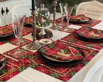 Set of Christmas Tartan Plaid Napkins with Deer Embroidery, Placemats and Red Runner • "Happy New Year" & Christmas Tree Embroidered Runner